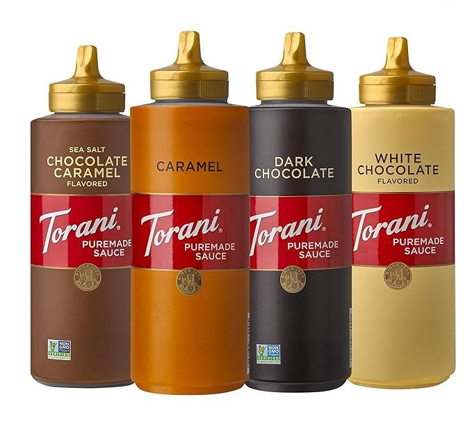 Torani Puremade Dessert & Drink Sauce Variety Pack, Chocolate Caramel, Dark Chocolate, White Chocolate & Caramel, 16.5 fl oz (Set of 4)