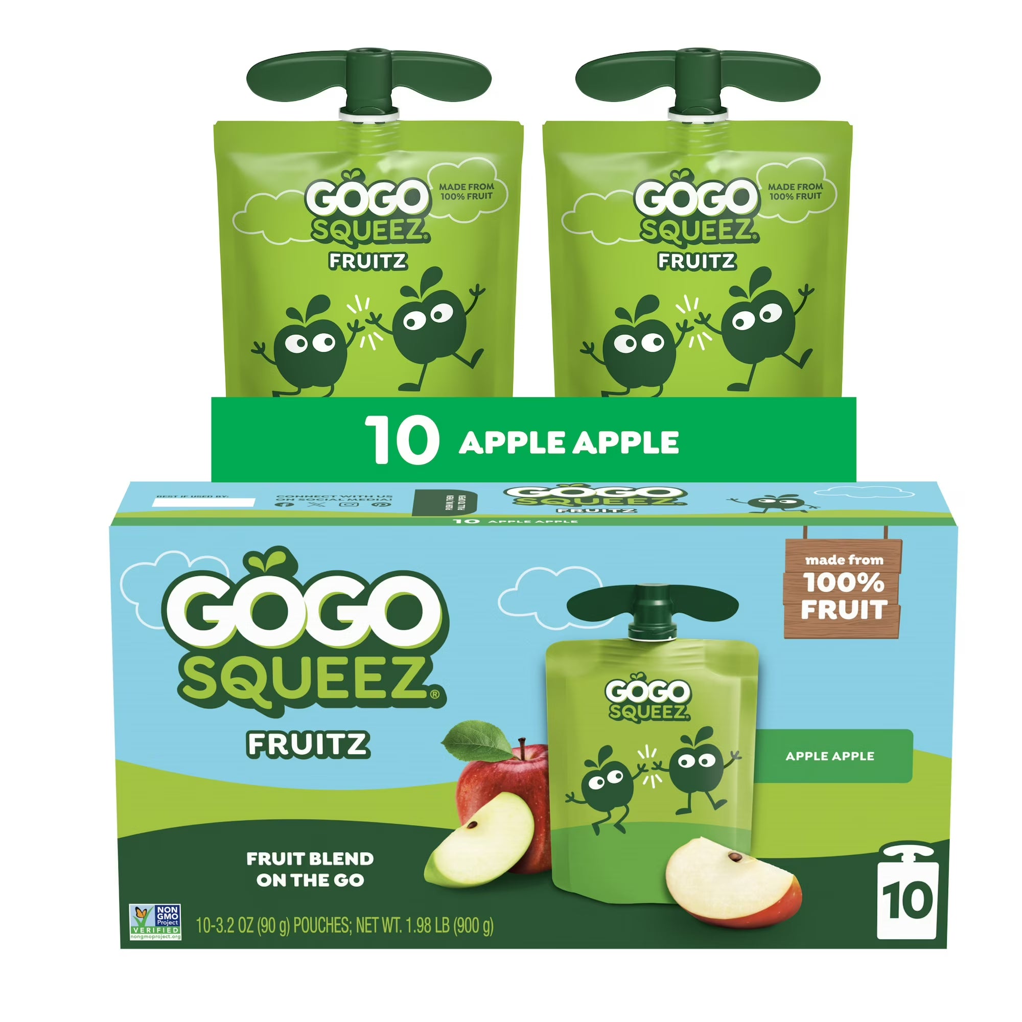 GoGo squeeZ No Sugar Added Apple Applesauce and Fruit Puree Pouches, 3.2 oz (10 Pack)