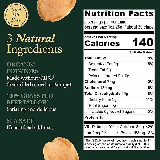 Vandy Crisps Potato Chips - Vegetable & Seed Oil Free Snacks - Gluten Free Potato Chip - Healthy Chips Made with Potatoes, Grass-Fed Beef Tallow, and Sea Salt - 2 Pack, 5 Ounce Each (Original)