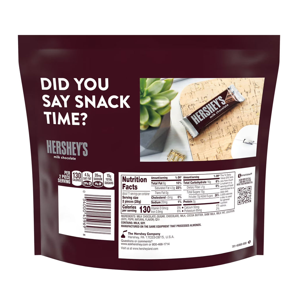 Hershey's Milk Chocolate Snack Size Candy, Bag 10.35 oz