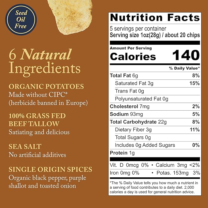 Vandy Crisps Potato Chips - Seed Oil Free Snacks - Gluten Free Potato Chip - Made with Potatoes, Grass-Fed Beef Tallow, Sea Salt, & French Onion Blend - 2 Pack, 5 Ounce Each (French Onion)