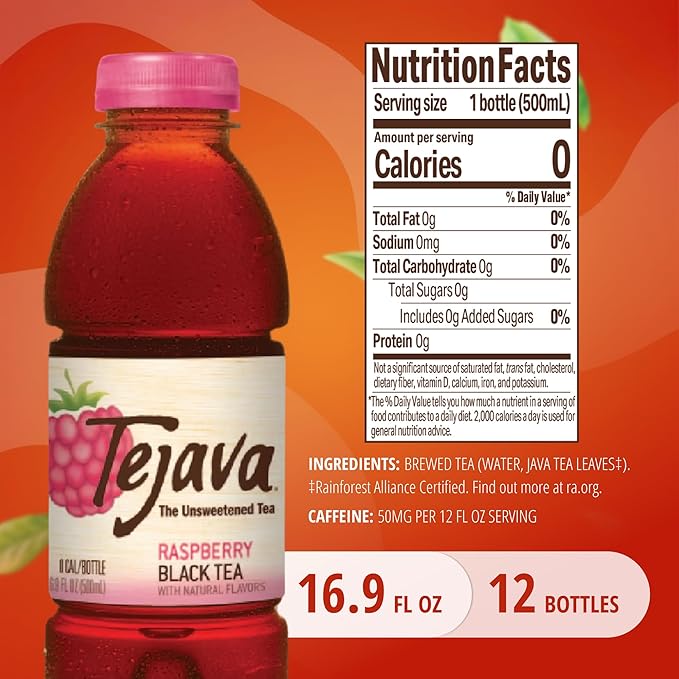 Tejava Unsweetened Raspberry Black Iced Tea, 16.9oz PET Bottles, Award Winning, Non-GMO-Verified, from Rainforest Alliance-Certified farms (12 Pack)