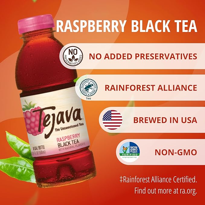 Tejava Unsweetened Raspberry Black Iced Tea, 16.9oz PET Bottles, Award Winning, Non-GMO-Verified, from Rainforest Alliance-Certified farms (12 Pack)