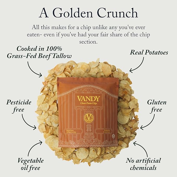 Vandy Crisps Potato Chips - Seed Oil Free Snacks - Gluten Free Potato Chip - Made with Potatoes, Grass-Fed Beef Tallow, Sea Salt, & French Onion Blend - 2 Pack, 5 Ounce Each (French Onion)