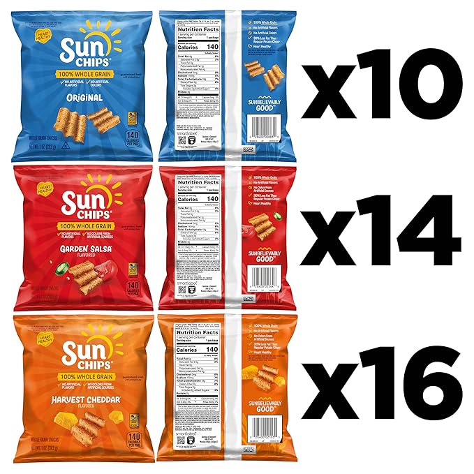 SunChips 100% Whole Grain Chips, Variety Pack, 1 oz Bags, Pack of 40, No Artificial Flavors, Colors
