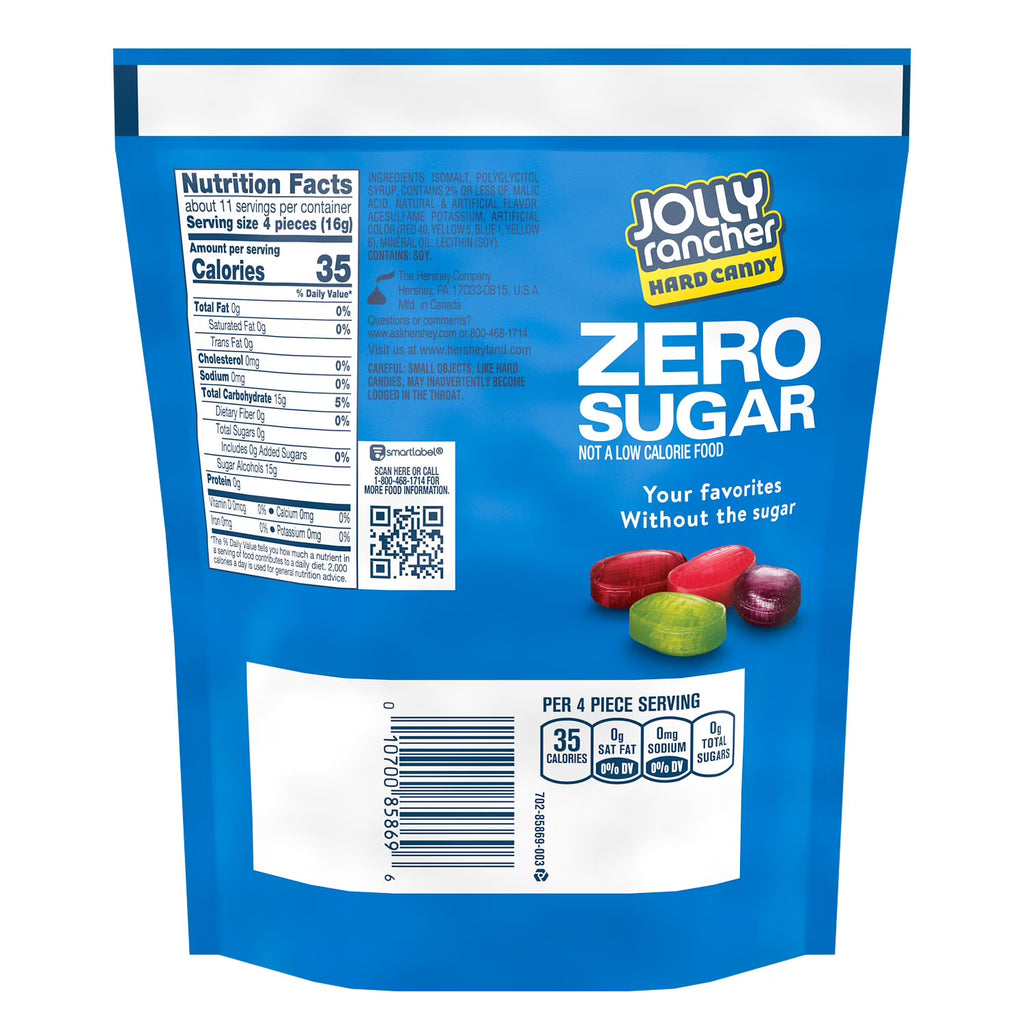 Jolly Rancher Zero Sugar Assorted Fruit Flavored Hard Candy, Bag