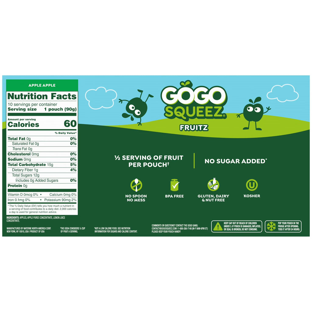 GoGo squeeZ No Sugar Added Apple Applesauce and Fruit Puree Pouches, 3.2 oz (10 Pack)